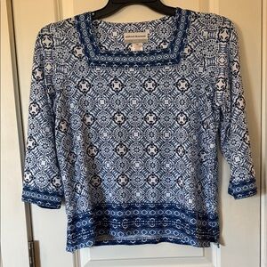 Alfred Dunner Navy and White Geometric Blouse